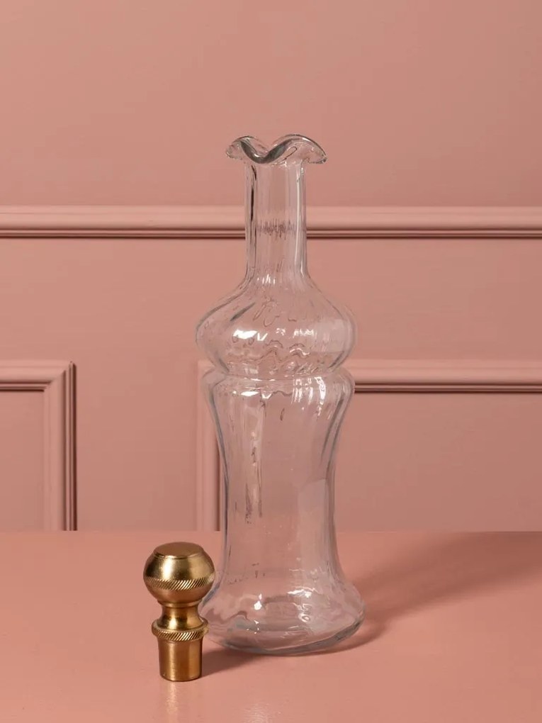 Set 2 sticle decorative din sticlă canelată cu capac sferic din alamă antichizată, 33 × 10 cm, „Flacon"