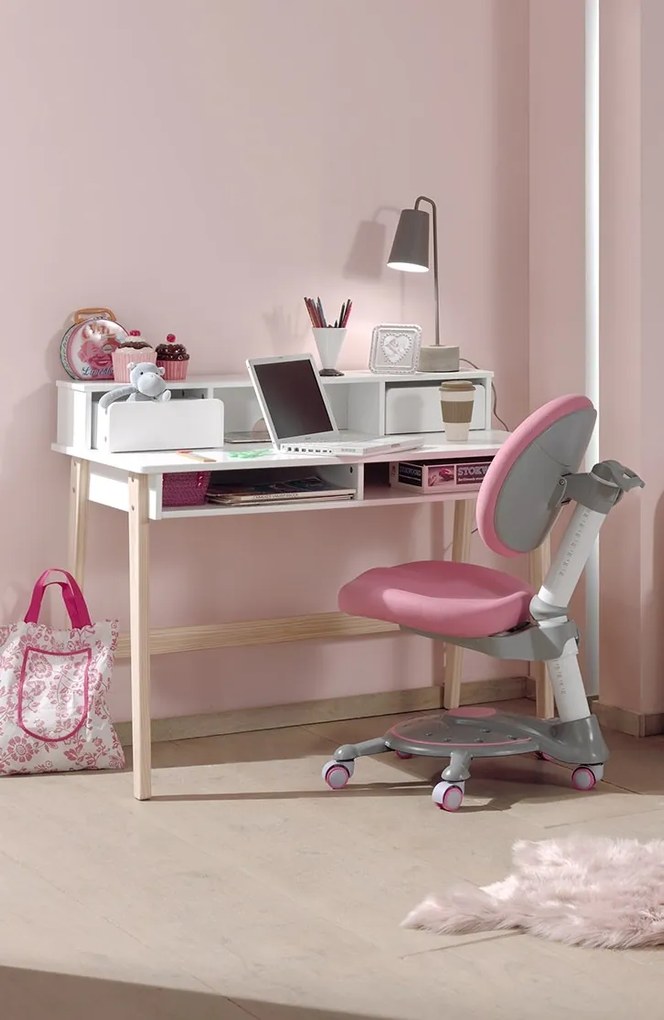 Birou Kiddy, pentru Camera Copii, cu Secțiune Superioară și Picioare din Pin Masiv, Alb – Vipack