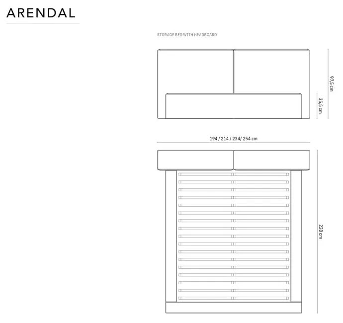 Pat matrimonial bej tapițat cu spațiu de depozitare și somieră 180x200 cm Arendal – Cosmopolitan Design