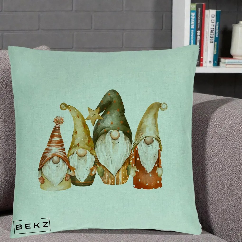 Perna Decorativa Gnomi de Craciun Patru, 40x40 cm, Verde Menta, Husa Detasabila, Perna Inclusa, BEKZ®