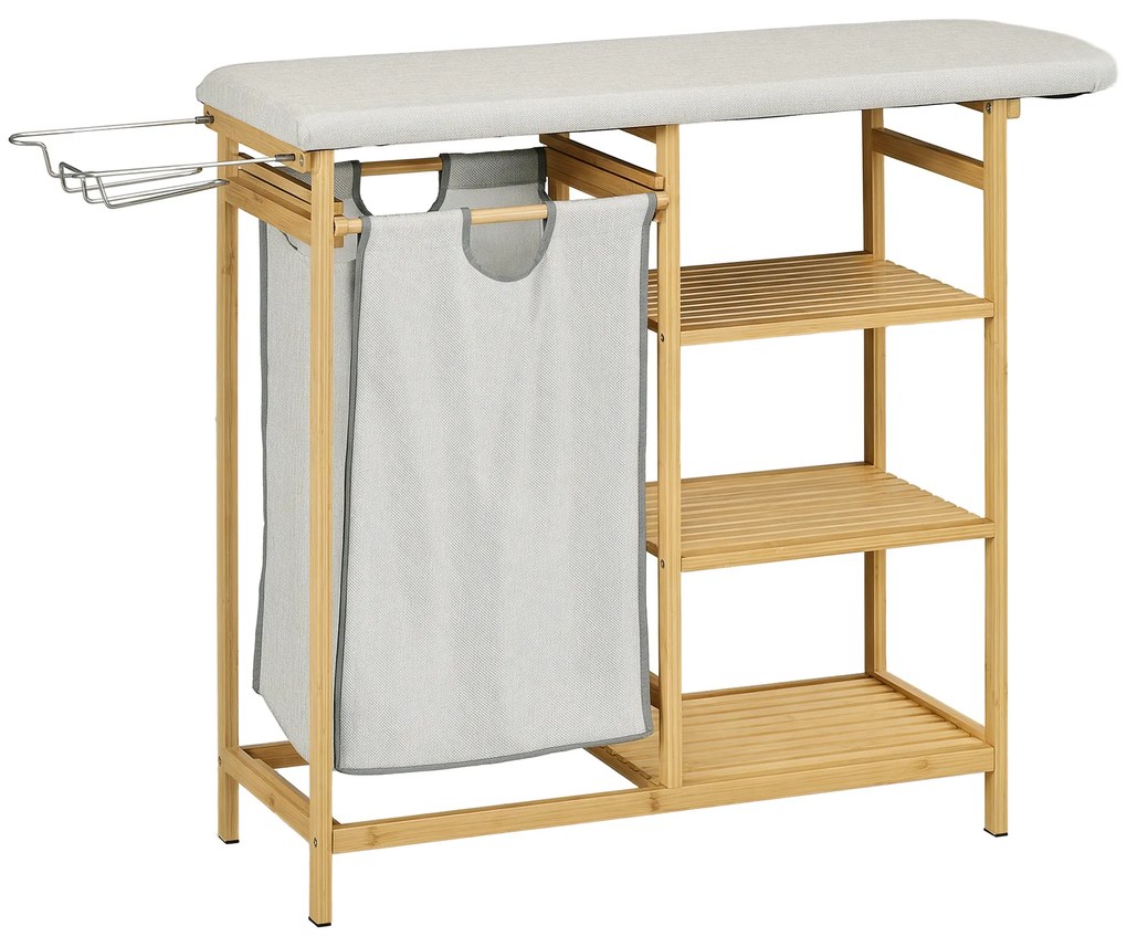 HOMCOM Coș de Rufe din Bambus cu Masă de Călcat și Suport de Călcat, Coș de Rufe cu Raft cu 3 Niveluri, 113x34x82 cm, Gri