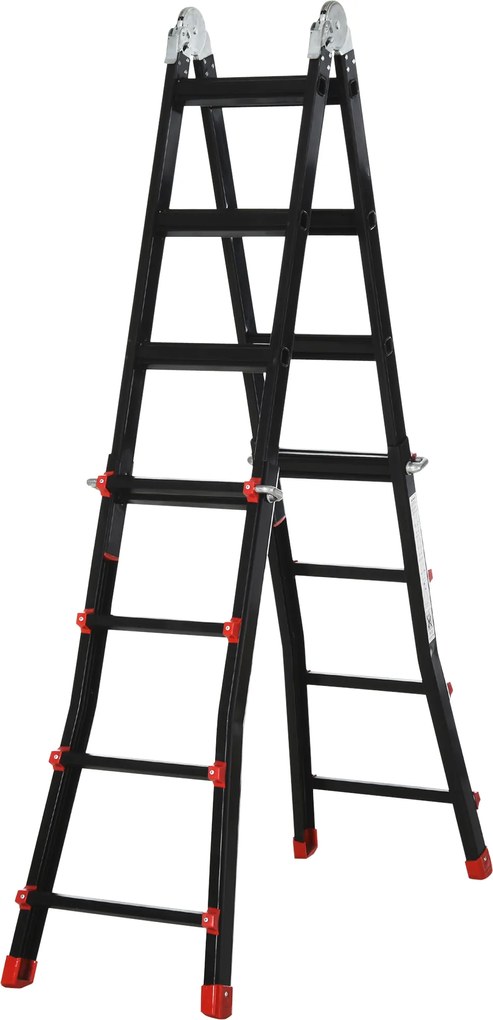 HOMCOM Scară telescopică, trepte antialunecare, rezistentă până la 150 kg, aluminiu, Negru+Roșu | Aosom Romania