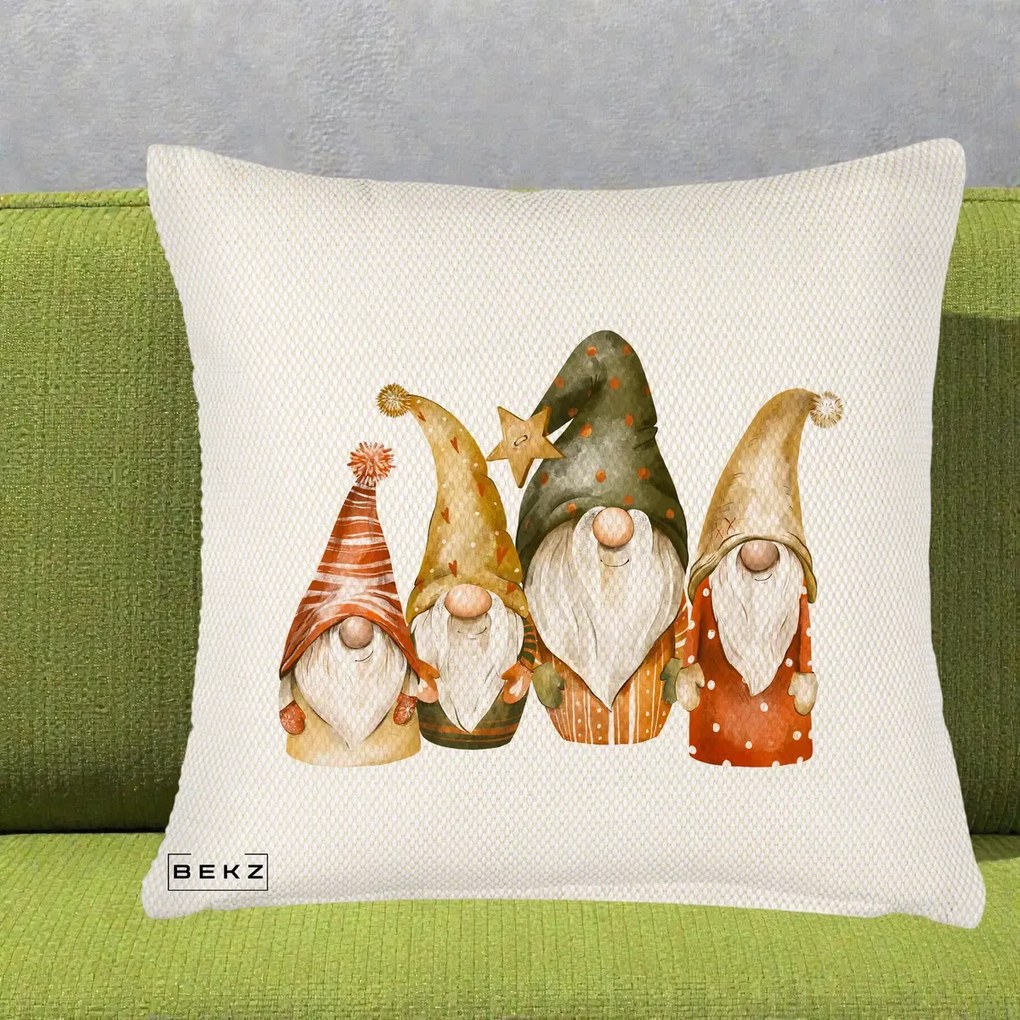 Perna Decorativa Gnomi de Craciun Patru, 40x40 cm, Crem Reliefat, Husa Detasabila, Perna Inclusa, BEKZ®
