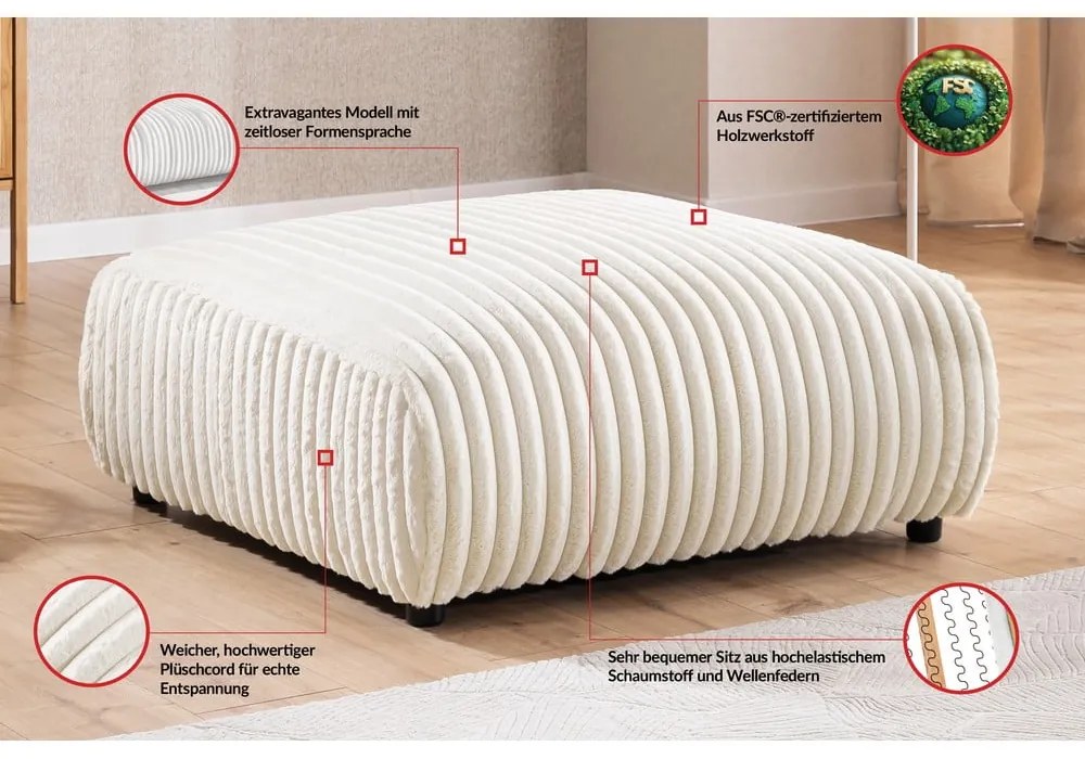 Taburet crem cu tapițerie din catifea reiată Justin – Ropez