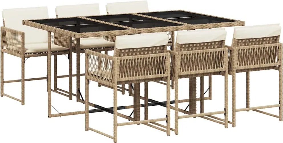 vidaXL Set de masă pentru grădină, 7 piese, cu perne, bej, poliratan