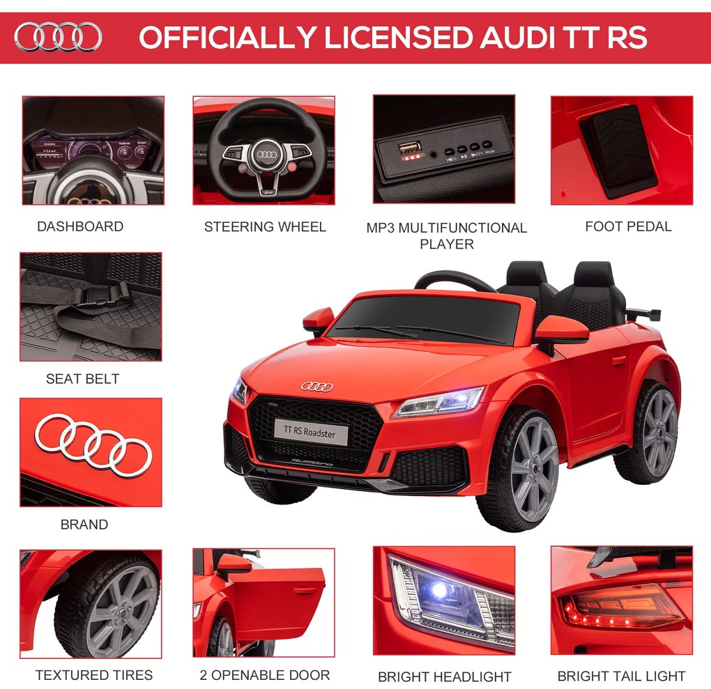 HOMCOM Mașină Electrică AUDI TT pentru Copii, Mașină Electrică cu Telecomandă, USB, Uși cu Deschidere și Faruri LED, 102x60x44 cm, Roșu