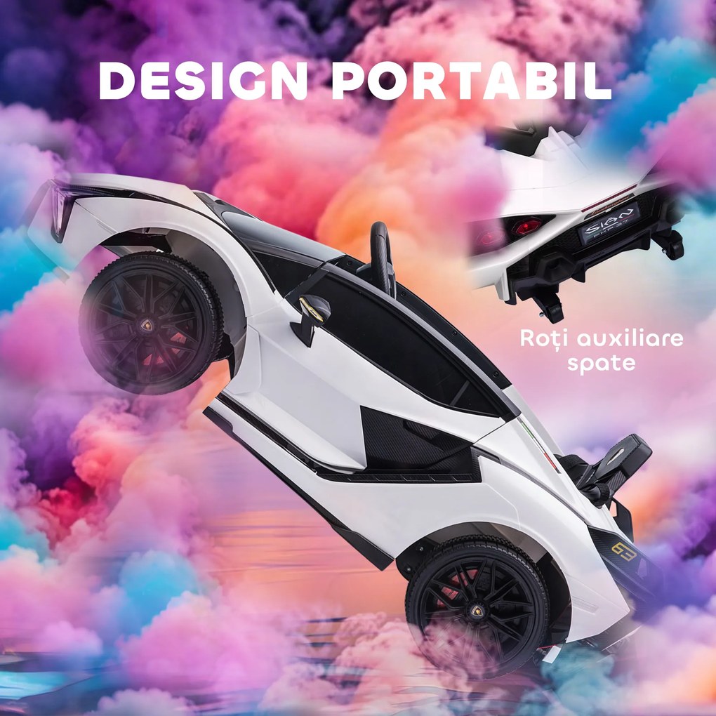 HOMCOM Mașină Electrică pentru Copii 3-5ani, Mașinuță Electrică Lamborghini cu Faruri, Muzică și Telecomandă, 108x62x40cm, Alb | Aosom Romania