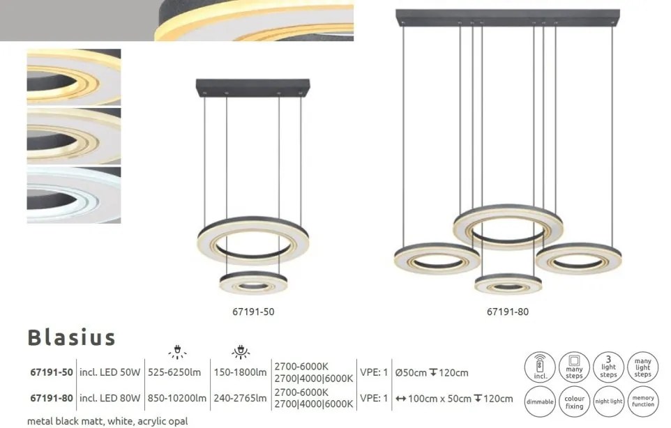 Lustra LED suspendata cu telecomanda design modern Blasius negru, alb