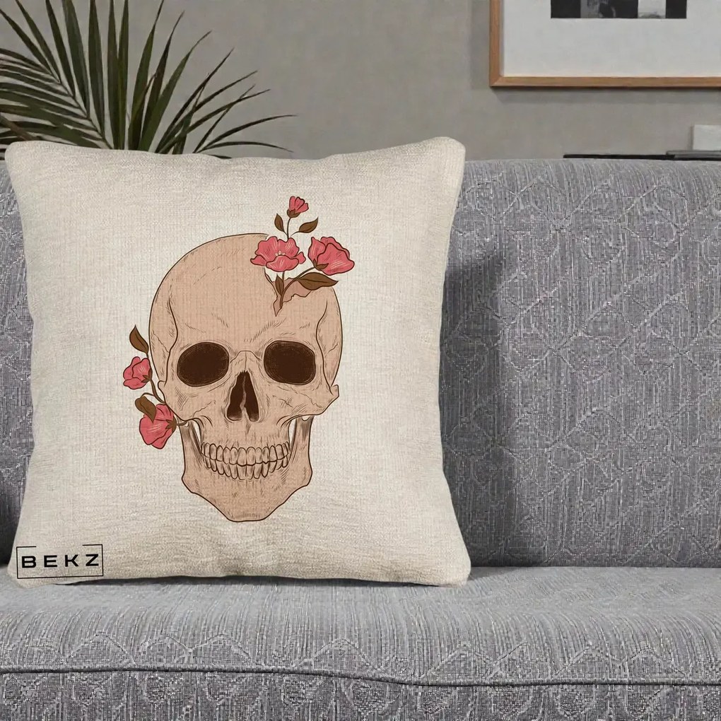 Perna Decorativa Craniu Floral Gothic, 40x40 cm, Bej Canapea, Husa Detasabila, Perna Inclusa, BEKZ®