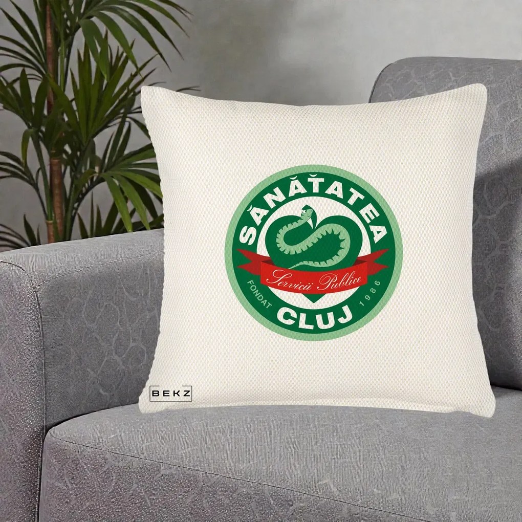 Perna Personalizata Sanatatea Cluj Servicii Publice 1986, 40x40 cm, Crem Reliefat, Husa Detasabila, Perna Inclusa, BEKZ®
