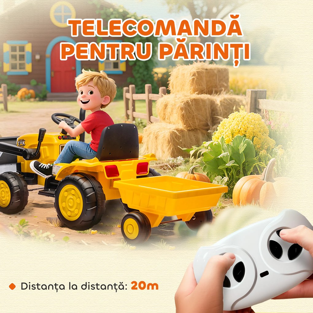 AIYAPLAY Excavator Electric pentru Copii 12V cu Cupă și Remorcă Detașabilă, Tractor Electric de Călărit cu 2 Motoare, Telecomandă, Conexiune Wireless, USB, Lumini și Muzică, 3-8 Ani, Galben | Aosom Romania