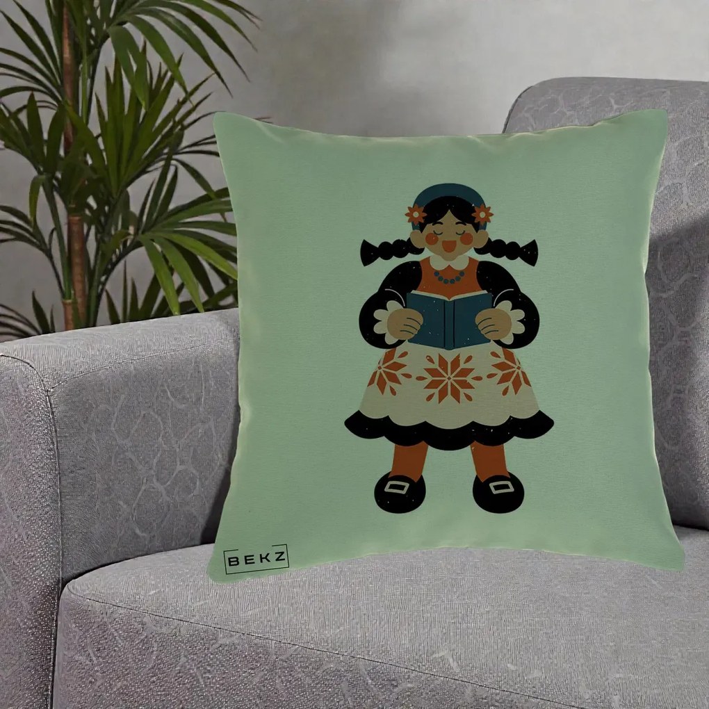 Perna Personalizata Fetita cu Carte Ilustratie Folk, 40x40 cm, Verde, Husa Detasabila, Perna Inclusa, BEKZ®