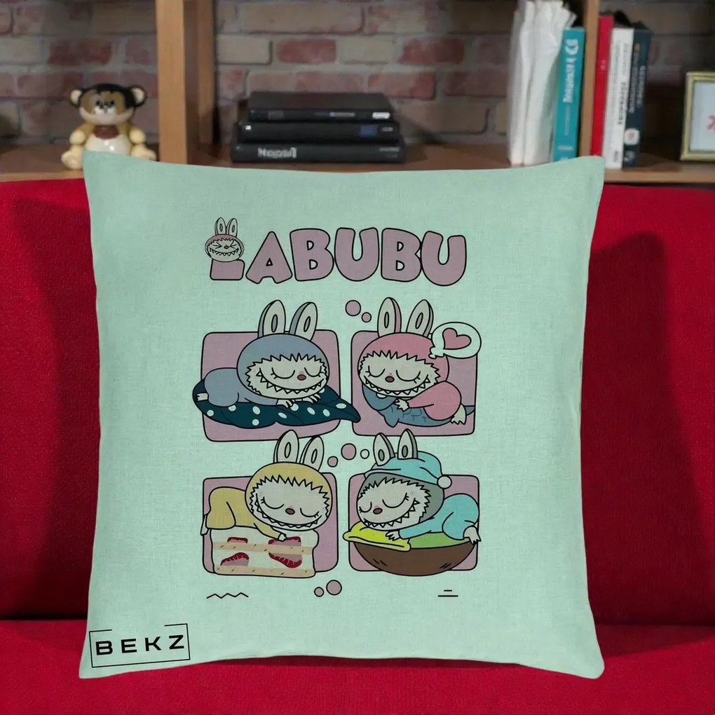 Perna Personalizata Labubu Sleeping Quad Grid, 40x40 cm, Verde Menta, Husa Detasabila, Perna Inclusa, BEKZ®