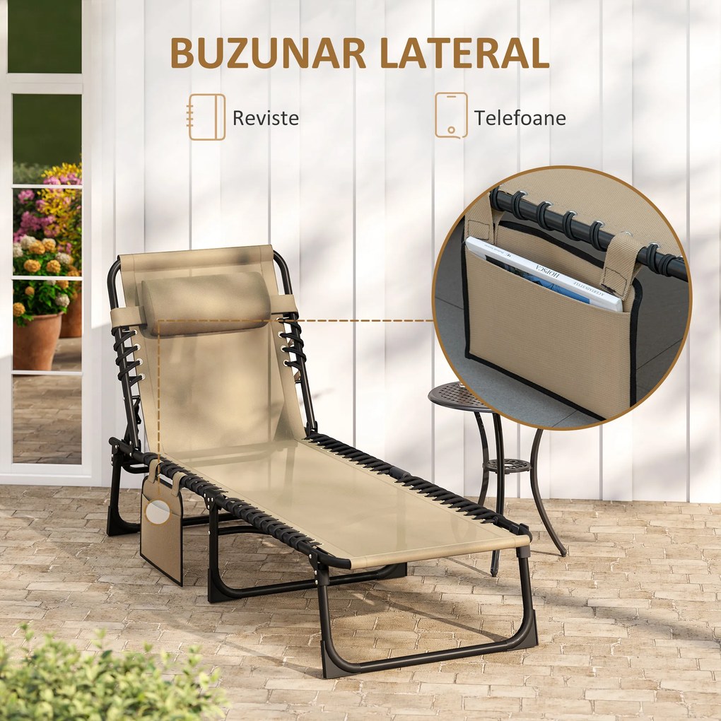 Outsunny Portable Sun Lounger, Folding Camping Bed 5-position Adjustable Grey | Aosom Romania