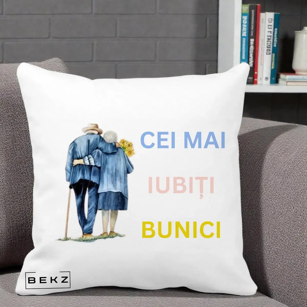 Cadou pentru Bunici - Perna Personalizata Cei Mai Iubiti Bunici Acuarela Spate, 40x40 cm, Alba Mata, Husa Detasabila, Perna Inclusa, BEKZ®
