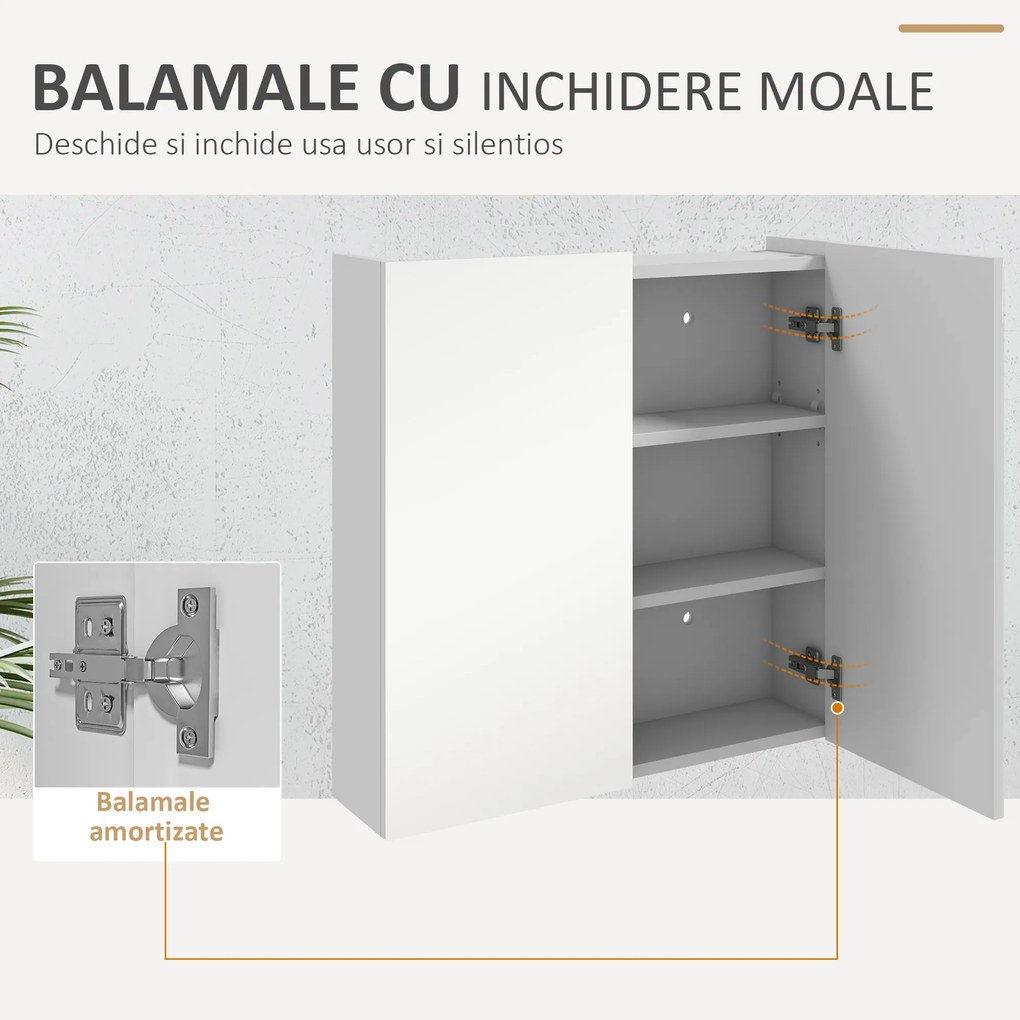 kleankin Dulap de Baie cu Oglindă, 2 Uși Soft Close, 60x15x60 cm, Rafturi Ajustabile, Dulap Suspendat cu Economisire de Spațiu, Alb Lucios | Aosom Romania