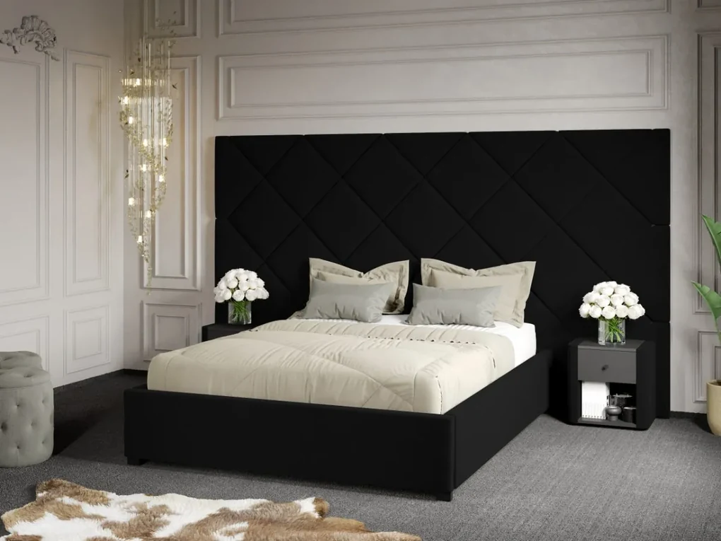 Pat Tapitat cu Panou 305x171 C4 Dubai cu somiera fixa Negru - Velluto 20 160x200