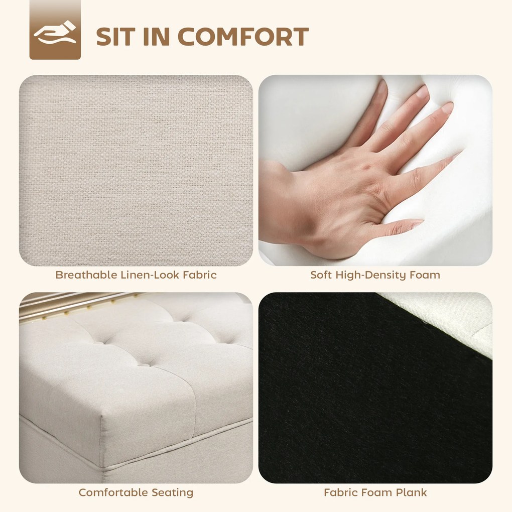 HOMCOM Taburet depozitare 80L, material textil, picioare lemn, 118x42x45 cm, crem | Aosom Romania