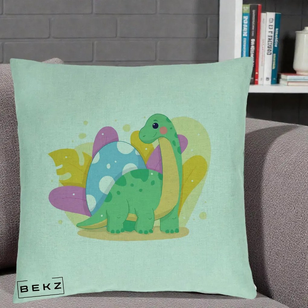 Perna Personalizata Dinozaur cu Ou Pastelat, 40x40 cm, Verde Menta, Husa Detasabila, Perna Inclusa, BEKZ®