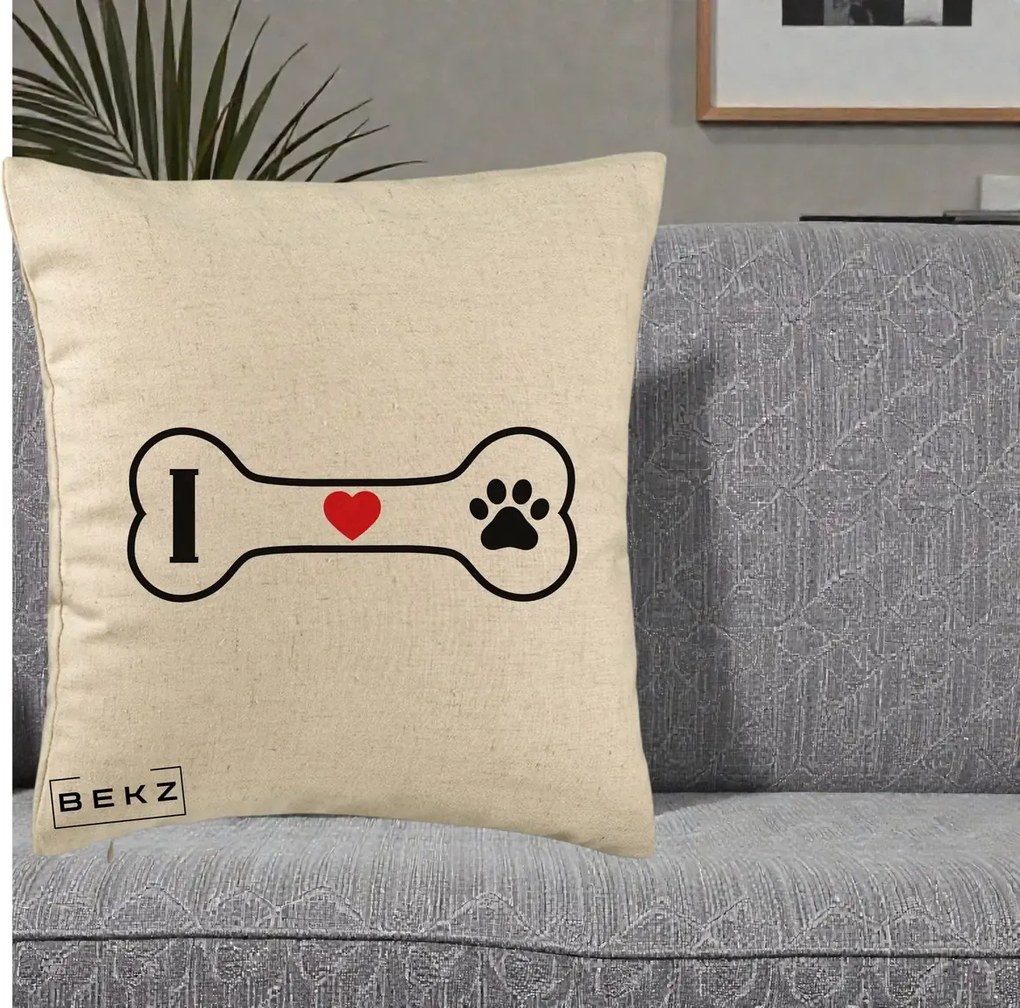 Perna Personalizata I Love Dog Os si Labuta, 40x40 cm, Bej, Husa Detasabila, Perna Inclusa, BEKZ®