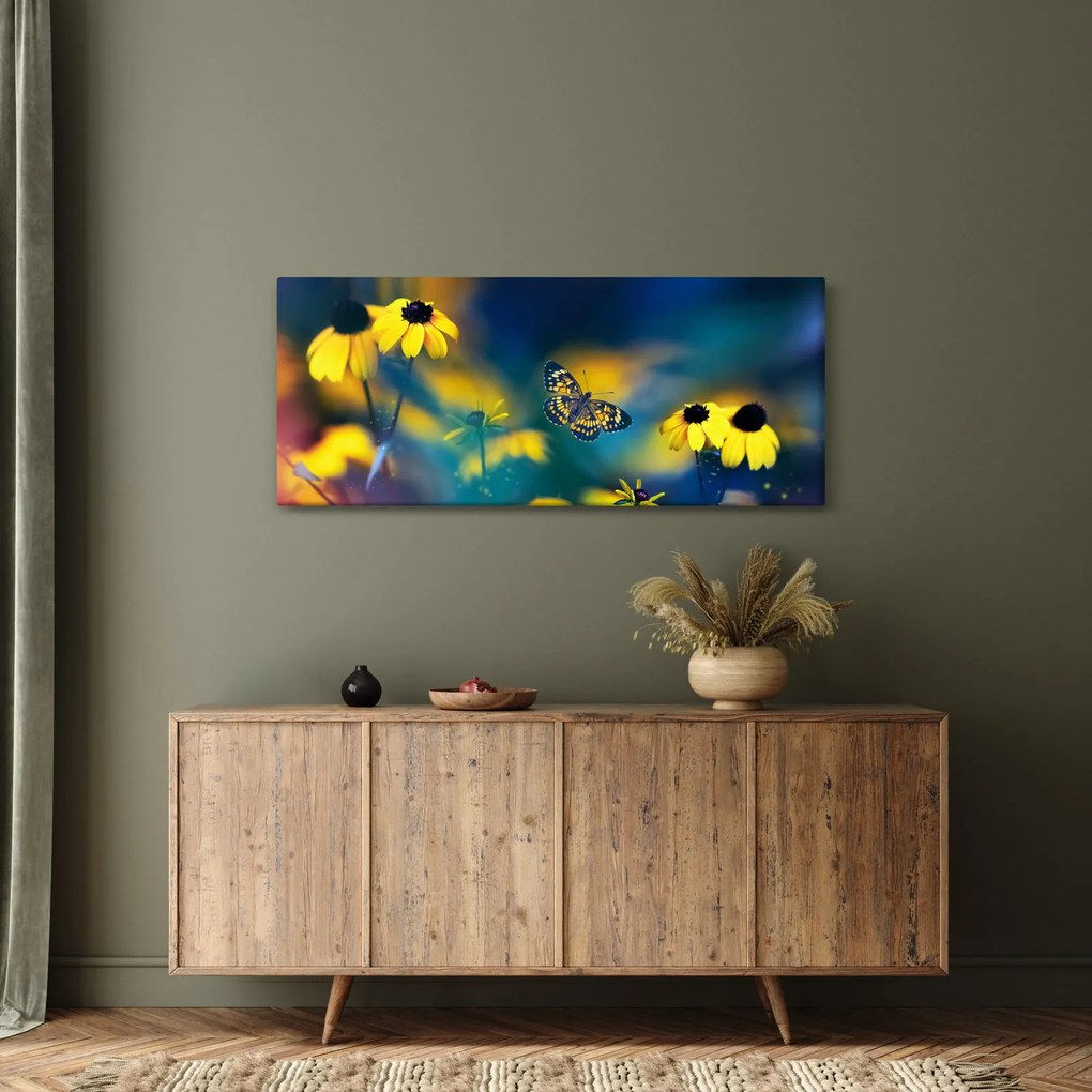 Tablou - Fluture galben și flori (120x50 cm)
