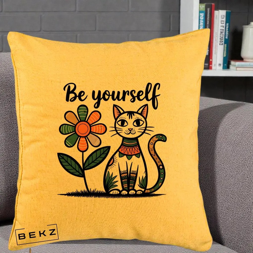 Perna Personalizata Be Yourself Pisica Folk, 40x40 cm, Galben, Husa Detasabila, Perna Inclusa, BEKZ®