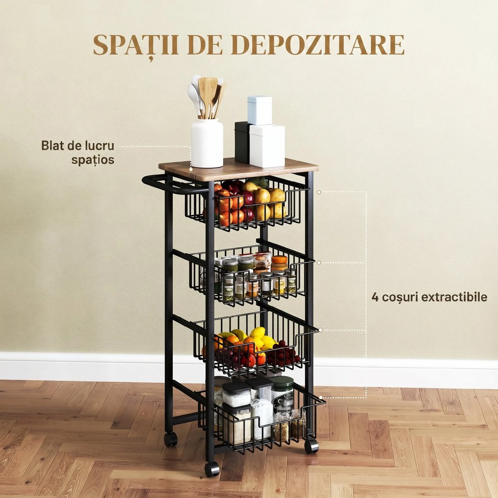 HOMCOM Cărucior de Bucătărie cu 4 Coșuri Detașabile, Roți și Frâne, Oțel și Lemn, 49.5x31x91 cm, Stejar | Aosom Romania