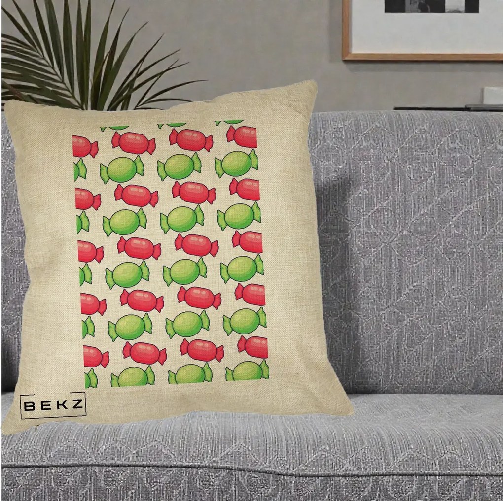 Perna Decorativa Bomboane Craciun Pattern, 40x40 cm, Crem, Husa Detasabila, Perna Inclusa, BEKZ®
