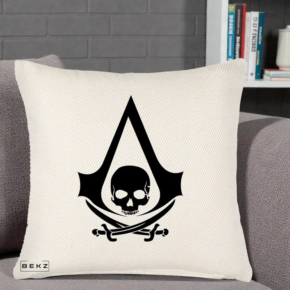 Perna Personalizata Assassin's Creed Black Flag Skull, 40x40 cm, Crem Reliefat, Husa Detasabila, Perna Inclusa, BEKZ®