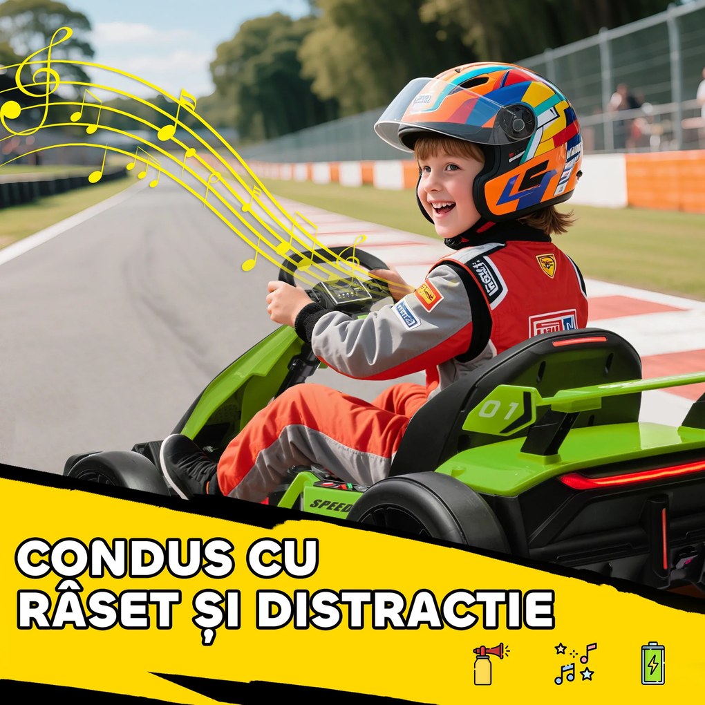 HOMCOM Go Kart Electric pentru Copii cu Scaun Reglabil, 2 Motoare, Claxon, Lumini și Muzică, 120x76x53,5 cm, Verde | Aosom Romania
