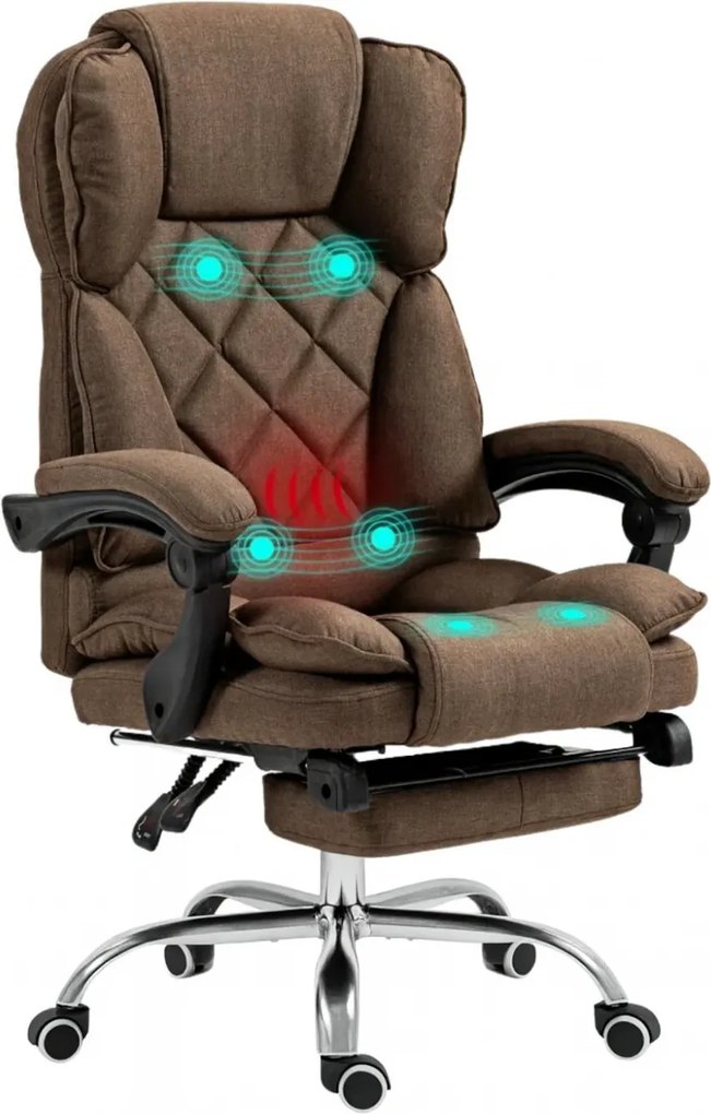 Scaun directorial, cu Masaj și Încălzire, suport picioare, funcție sezlong, materil textil, Maro
