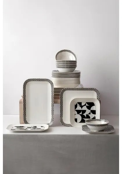 Set veselă 26 piese, porțelan, alb/negru