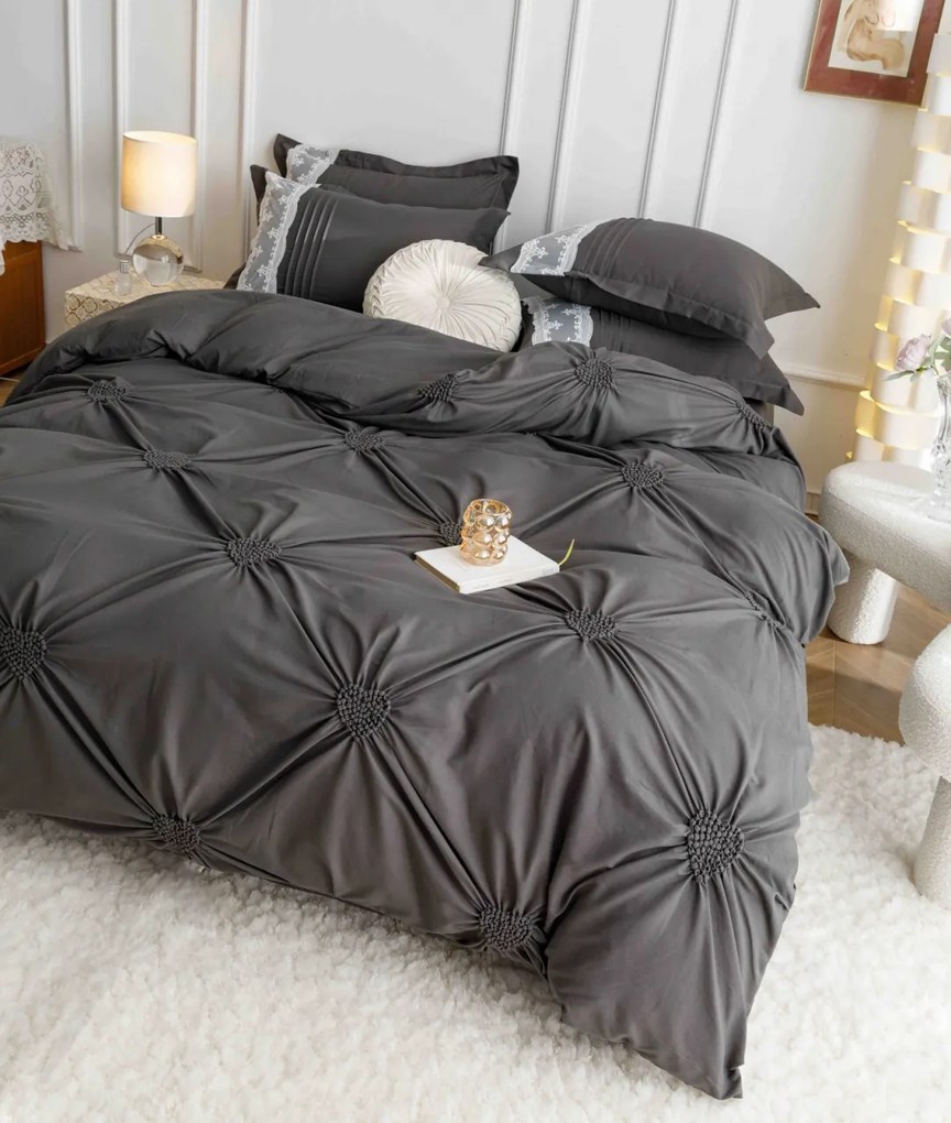 Lenjerie pat dublu, Inimi Brodate, 6 Piese, Finet Premium - Gri Inchis