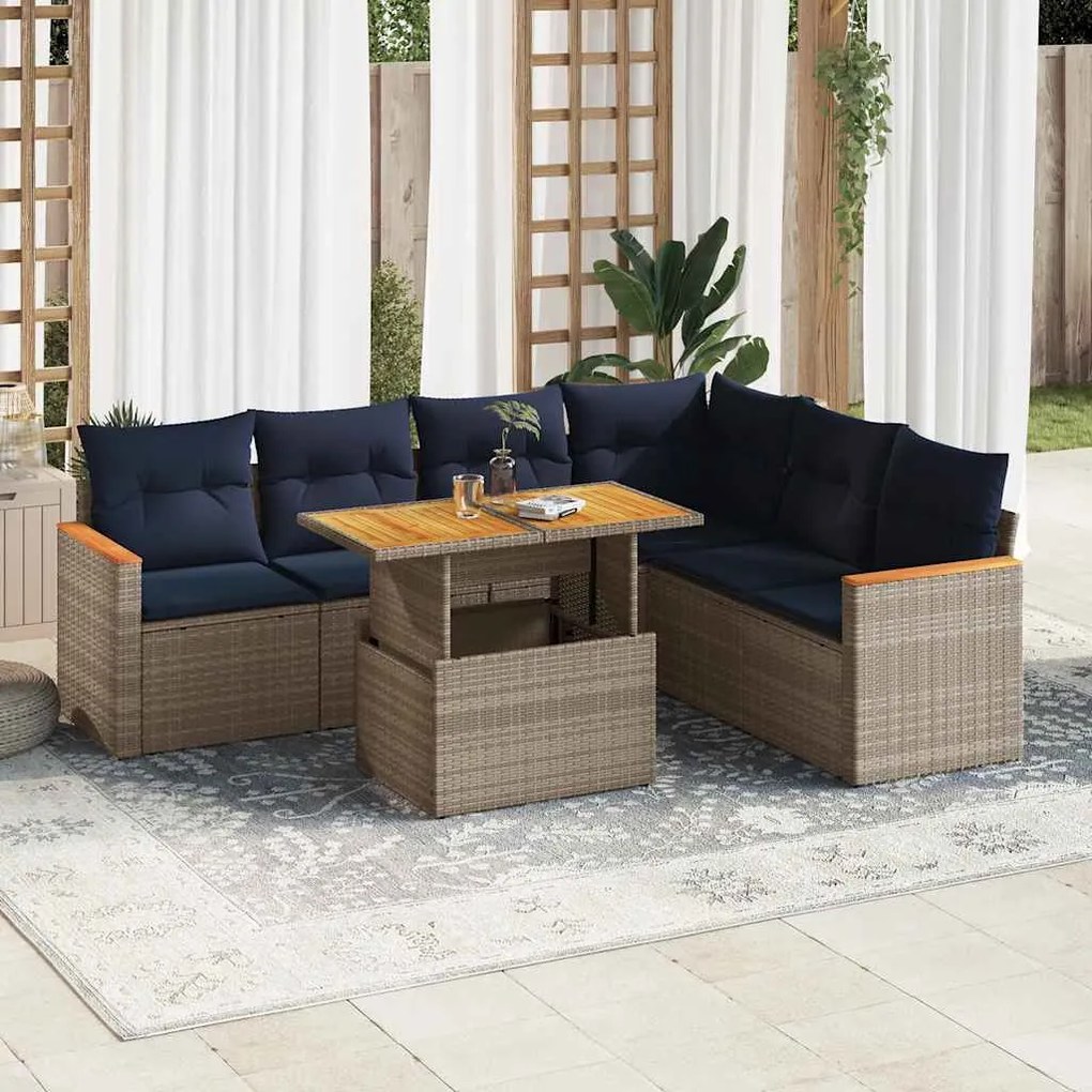 vidaXL Set canapele de grădină, 7 piese, cu perne, gri, poliratan