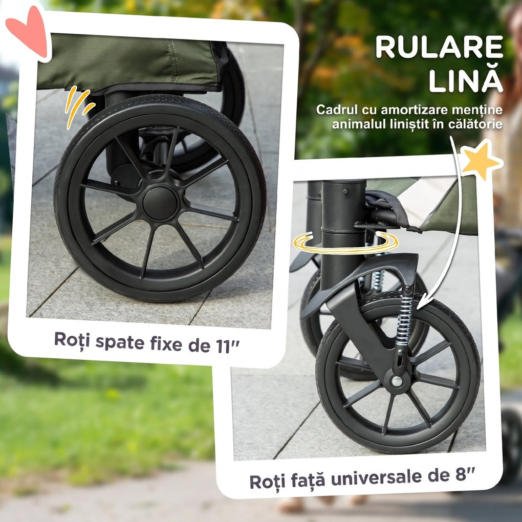 PawHut Cărucior Pliabil pentru Câini Mari cu Roți Detașabile, Oxford și Oțel,124 x 67 x 100 cm, Verde Închis | Aosom Romania