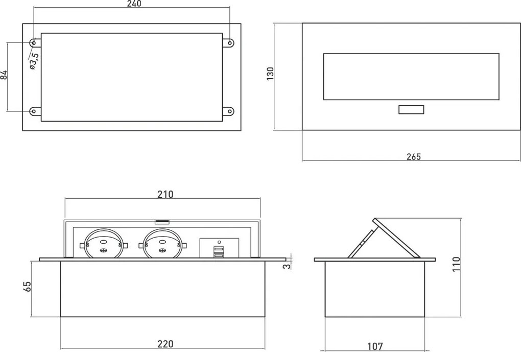 Priză încorporabilă în blat GTV, 2 prize Schuko, USB A + C, negru, 265 x130 mm L:265 mm; l:130 mm; H:110 mm, Aluminiu/ plastic, Negru