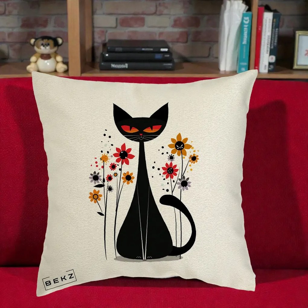 Perna Decorativa Pisica Neagra Ochi Rosii Flori, 40x40 cm, Ecru, Husa Detasabila, Perna Inclusa, BEKZ®