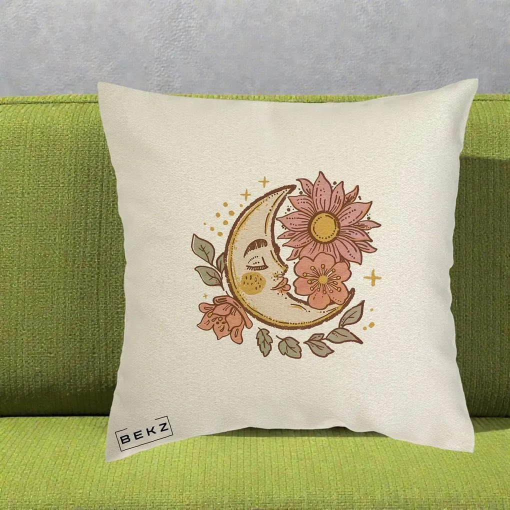 Perna Personalizata Luna Boho Chip Floral, 40x40 cm, Ecru, Husa Detasabila, Perna Inclusa, BEKZ®
