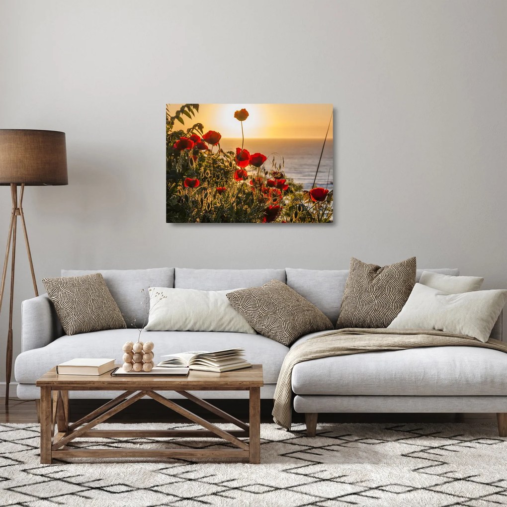 Tablou pe sticlă cu apus de soare cu flori de maci (70x50 cm)