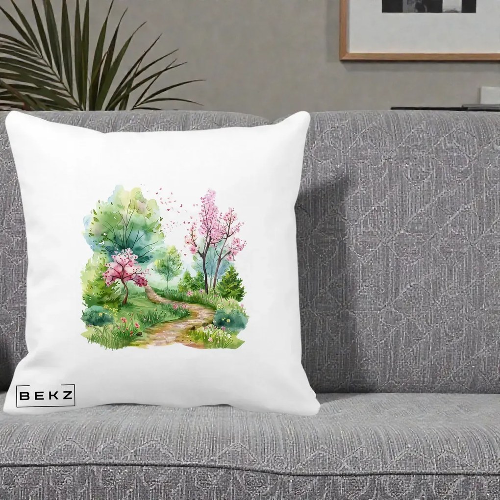 Perna Decorativa Gradina Primavara Acuarela, 40x40 cm, Alba Mata, Husa Detasabila, Perna Inclusa, BEKZ®
