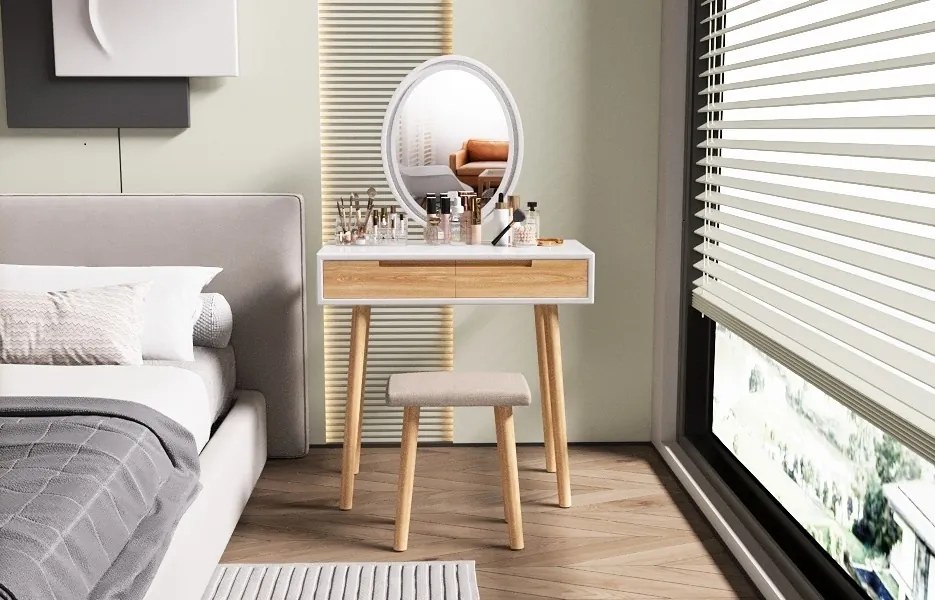 SEM235 - Set Masa toaleta, 70 cm, cosmetica machiaj, oglinda cu LED, masuta vanity, scaun tapitat - Alb - Maro