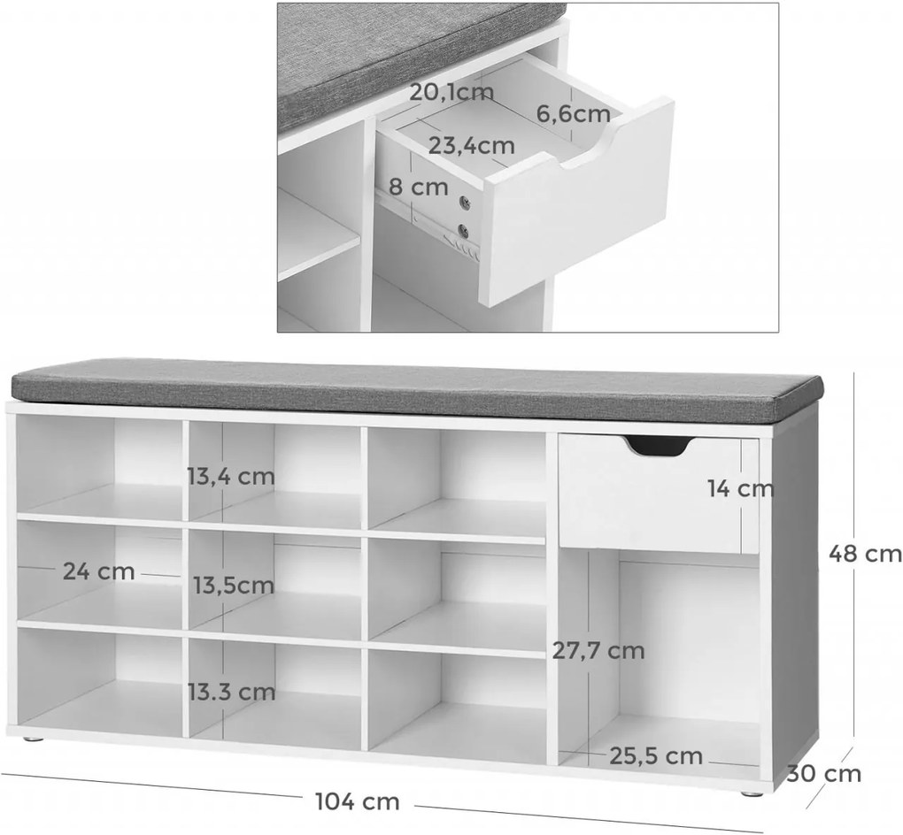 Pantofar bancuta hol cufar cu depozitare, Vasagle, Alb-Gri, 104x30.5x48 cm