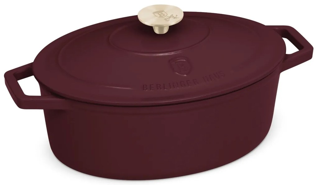 Oală din fontă emailată ovală cu capac 30 cm, 4.65L – Berlinger Haus Leonardo Collection BH 6543, potrivită pentru gătit lent și rumenire