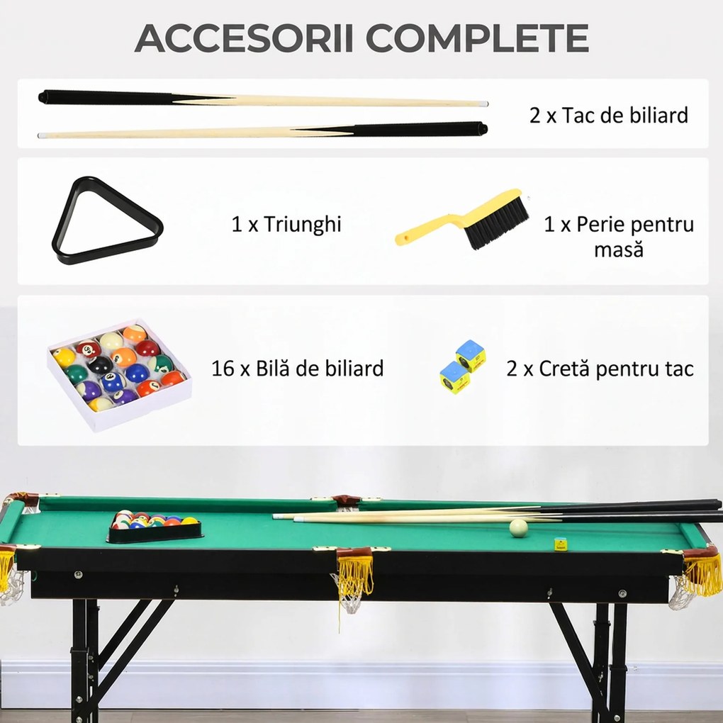 SPORTNOW Masă de Biliard Reglabilă pe Înălțime cu Accesorii, Masă din MDF și Oțel Carom, 140x60x55-75 cm, Verde | Aosom Romania