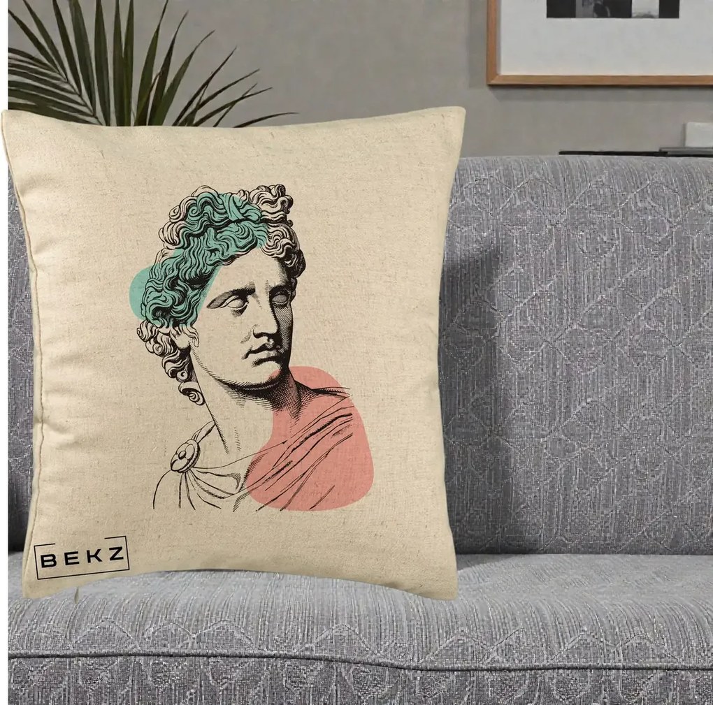 Perna Decorativa Bust Grec Vaporwave, 40x40 cm, Bej, Husa Detasabila, Perna Inclusa, BEKZ®
