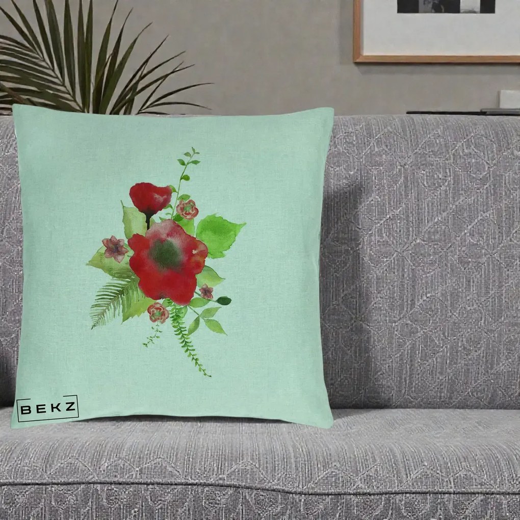 Perna Decorativa Buchet Rosu Acuarela, 40x40 cm, Verde Menta, Husa Detasabila, Perna Inclusa, BEKZ®