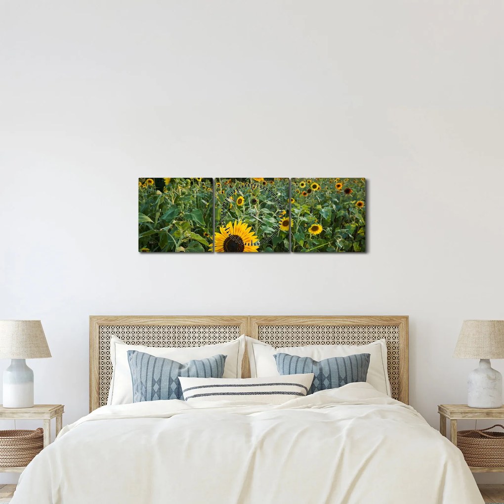 Tablou - Câmpul de floarea-soarelui II. (cu ceas) (90x30 cm)