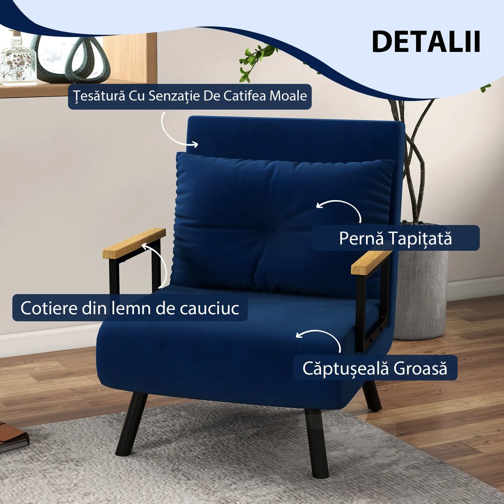 HOMCOM Canapea Extensibilă cu Spătar Reglabil pe 5 Nivele, Canapea Pat Individuală Pliabilă cu Perne, 63x73x81 cm, Albastru | Aosom Romania