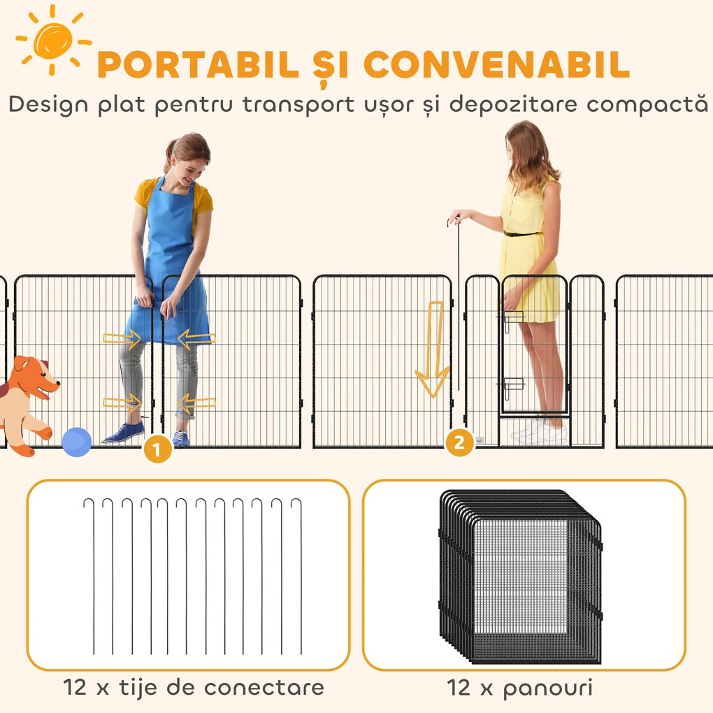 PawHut Gard pentru Câini, Incintă Modulară pentru Câini din 8 Secții pentru Interior și Exterior, 80x100 cm, Negru | Aosom Romania