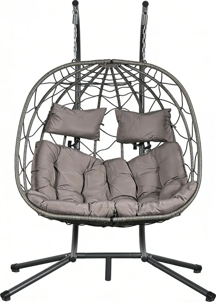 Fotoliu leagan dublu suspendat în formă de ou, balansoar cu perne detasabile, pentru interior, gazon, grădină, Gri